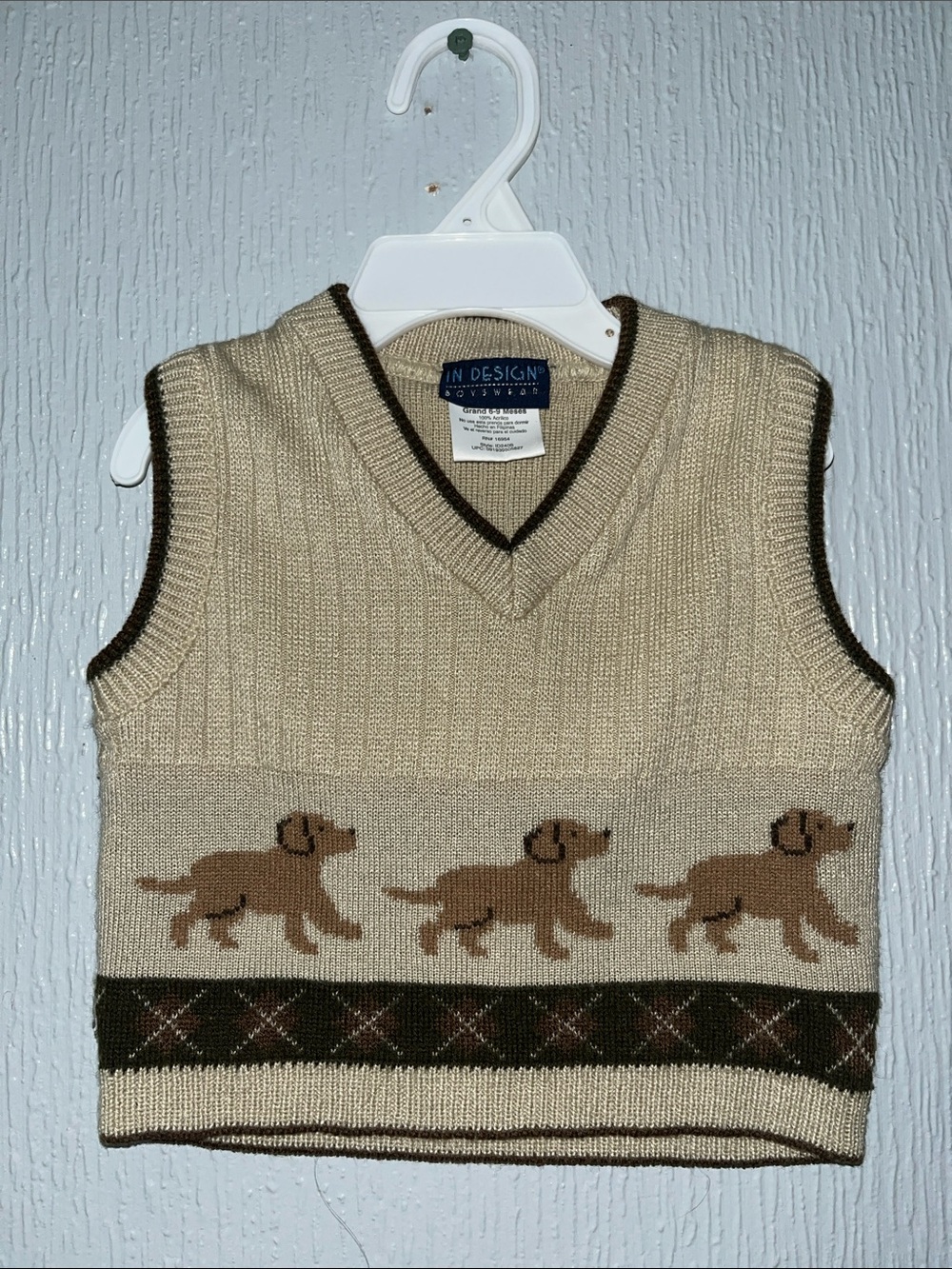 Vintage In Design Brown V-Neck Dog Novelty Print Knit Vest
